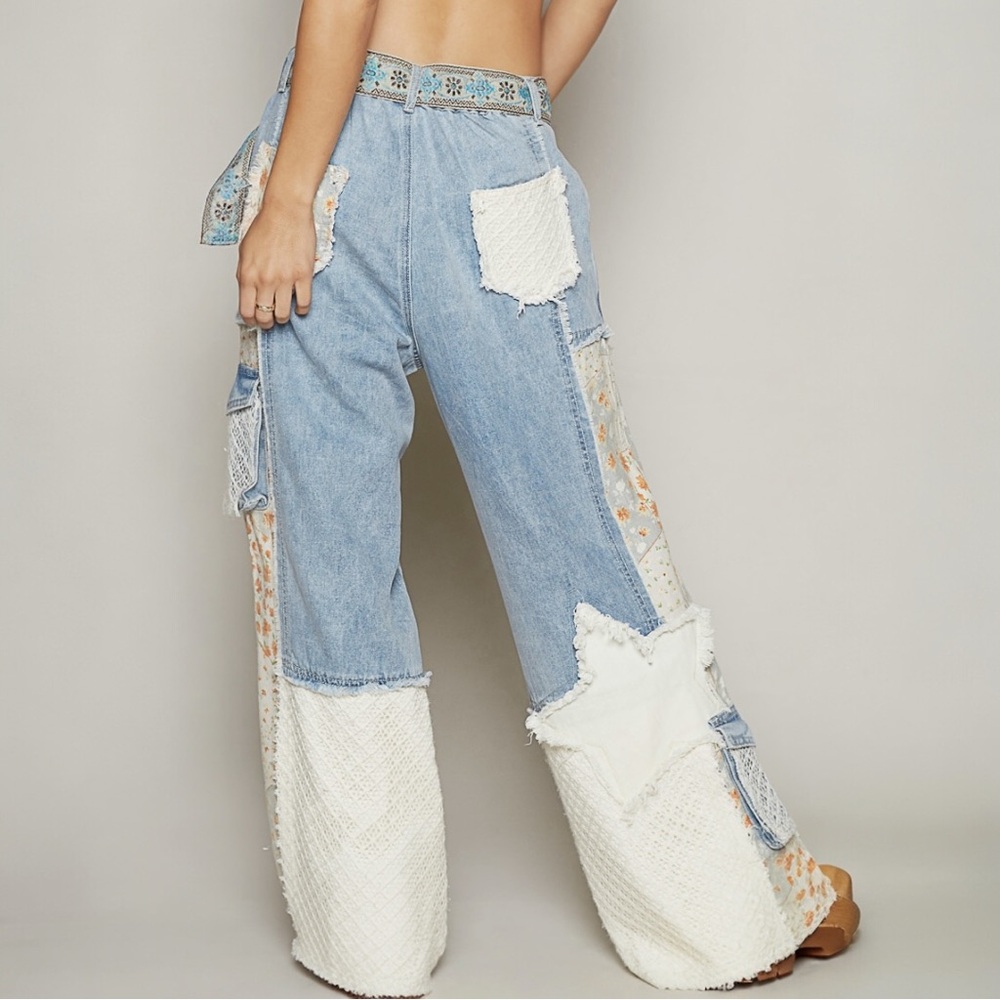ONLY 1 LEFT! NO RESTOCK! POL Patchwork Detail Woven Twill Denim Pants Small - Picture 3 of 11